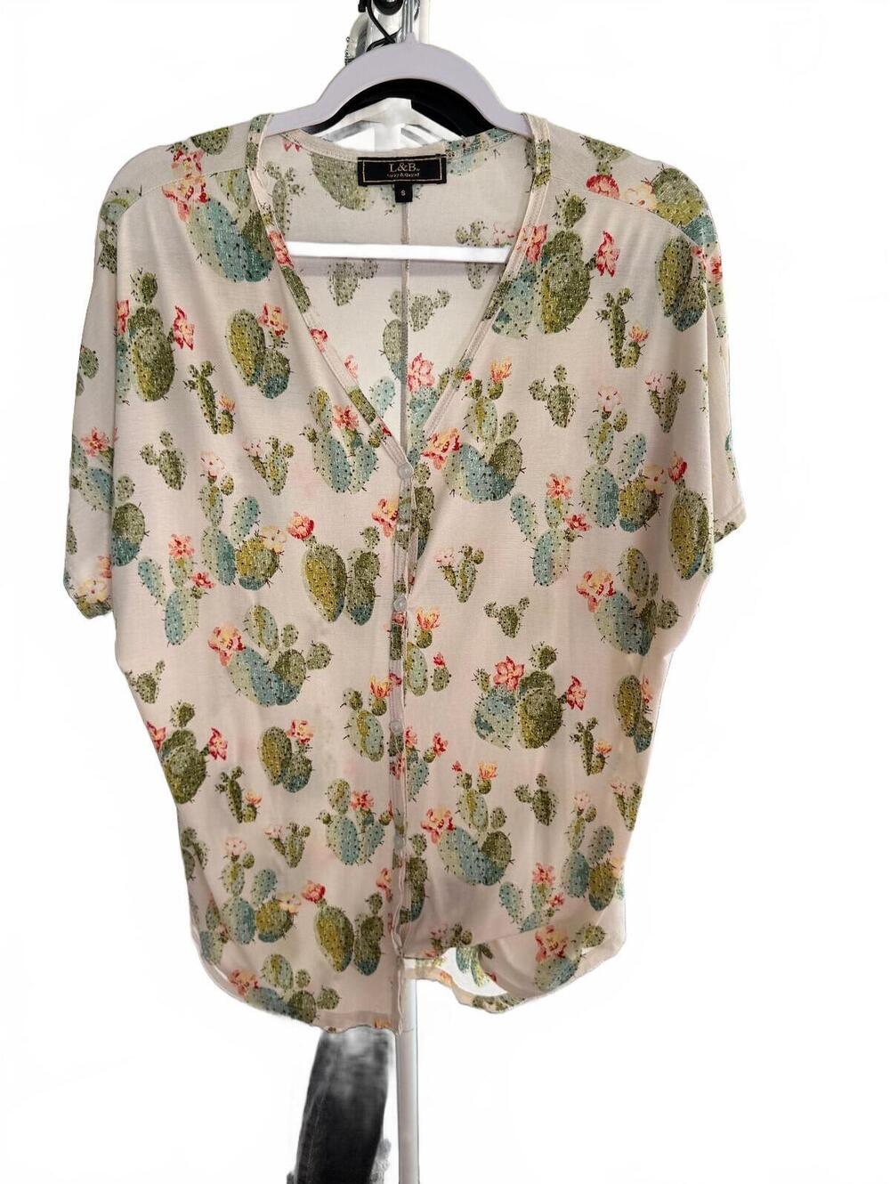 L&B Lucky & Blessed Oversized Women's Small Cactus Print Short Sleeve Blouse